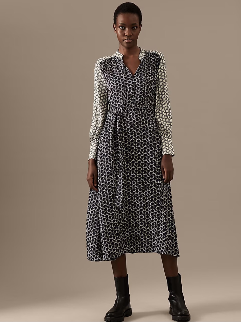Autograph Printed Tie Neck Midaxi Dress in Navy
